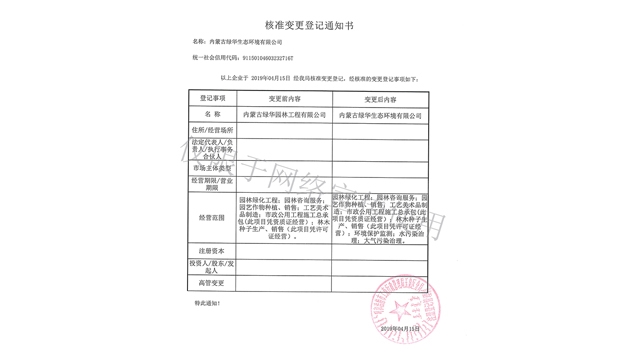 標(biāo)題：綠華生態(tài)核準(zhǔn)變更登記通知書(shū)
瀏覽次數(shù)：1745
發(fā)表時(shí)間：2019-10-26